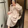Primavera, verão, outono, doce e elegante, vestido de casa de algodão Tencel com caimento para todas as estações para mulheres, camisola doce de renda de manga comprida de comprimento médio com elástico de cabelo