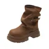 Botas Chelsea Martin de Cano Curto Melanoides Femininas 2026 Outono/Inverno Novo Estilo Sapatos Marrons Estilo Britânico Retrô Bico Redondo Solado Grosso Botas para Calça