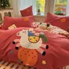 Juego de Cuatro Piezas de Algodón Cepillado Grueso Fresco y Sencillo con Bordado de Toalla, Juego de Tres Piezas de Sábana, Sábana Ajustable y Funda de Edredón de Algodón Puro para Dormir Desnudo
