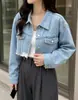 Ahora chaqueta corta de mezclilla con solapa de diseño retro americano para mujer coreana top otoño 25510