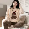 Pijamas Nuevos de Otoño e Invierno para Mujer, Franela Engrosada, Pantalones Largos Casuales de Dibujos Animados Dulces, Ropa de Casa de Terciopelo Coral para Mujer