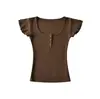 Camiseta Cropped Feminina Verão Estilo Coreano Puro Desejo Garota Picante Gola Quadrada Manga Bufante Ombro Normal Afinando a Cintura Colada ao Corpo Botão Escondido