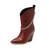 Botas de corrente estilo europeu e americano, bico fino, salto grosso, botas curtas femininas plus size 4006