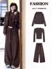 Jaqueta moletom marrom conjunto esportivo casual para mulheres, outono, conjunto estiloso estilo coreano, um look completo de outono