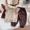 Conjunto de Otoño para Niña 2025 Nueva Moda Estilo Coreano Chaleco de Punto Infantil Pantalones de Lunares para Bebé Conjunto de Tres Piezas