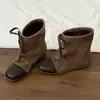 2026 Nuevas Botas Cortas Vaqueras Estilo Coreano Patchwork Retro con Cordones y Cierre de Encaje para Mujer, Elegantes Botas de Moda Cuadradas Adelgazantes