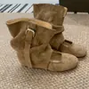 Primer Encuentro Ji Botas Apiladas Retro Botas para Mujer Ropa de Abrigo Otoño e Invierno Punta Redonda Corte Bajo Hebilla de Cinturón Ballet a la Moda