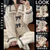 Estilo Princesa Outono e Inverno Pijama Doce de Fleece Coral Calças de Manga Longa Flanela Estilo Conjunto Quente