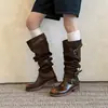 Botas de Caballero Lavadas Botas Largas de Caña Alta para Mujer Botas Apiladas Otoño e Invierno Nuevas Puntera Redonda Hebilla Tacón Medio Caña Recta Botas Largas para Mujer