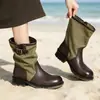 Botas de media caña para mujer con punta redonda, tacón grueso y diseño de retazos, con hebillas metálicas, estilo de bota de trabajo y una estética británica retro, perfectas para otoño e invierno y versátiles para cualquier atuendo.