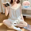 Pijama de Algodão Nuvem para Mulheres no Verão com Alças Acolchoadas e Shorts, Conjunto Doce e Fofo Casual Fino para Estudantes e Casa