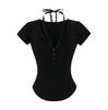 Playera Sexy de Corte Slim de Manga Corta con Cuello en V con Botones y Bajo Curvo para Mujer, Verano 2025