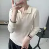 Suéter feminino de lã fina com lapela e botões, macio para primavera e outono, simples, delicado, liso e elegante, top de tricô para o trabalho