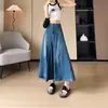 Falda de Mezclilla Vintage Desgastada para Mujer, Versátil Nueva de Cintura Alta Corte A Dobladillo Amplio Midi con Diseño Patchwork