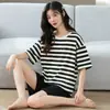 Pijama de Algodão Puro Feminino Verão Gola Redonda Manga Curta Shorts Listrados Casuais Soltos Estudante Confortável Estilo Fino Pode Ser Usado Fora de Casa Roupas