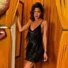 Amazon Europeu e Americano transfronteiriço vestido de noite vestido feminino sexy saia de quadril glitter borla multicamadas saia de alças