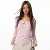 Camiseta de punto de manga larga para mujer, estilo retro americano, corte ajustado, para primavera y otoño