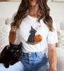 Camiseta para Mujer Trick or Treat Gato Negro Lindo y Calabaza