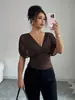 2026 Transfronterizo Europeo y Americano Amazon Moderno Elegante Color Sólido Cuello en V Profundo Mangas Cortas Volantes Ajuste a la Cintura Top para Mujer