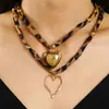Collar de Tela con Estampado de Leopardo Maillard con Colgante de Metal de Rostro Humano Abstracto Exagerado y Corazón, Joyería de Cuello en Capas, Accesorio de Nicho