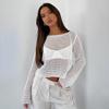 Suéter de punto calado transfronterizo europeo y americano de color sólido con cuello redondo y manga larga tejido 2023 Nuevo vestido de mujer