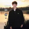 Moletom com Gola Alta e Zíper Parcial Estilo Americano com Forro de Fleece para Homens, Roupa de Outono e Inverno, Peça Superior Pesada sem Capuz, Camisa de Manga Longa para Camada Base