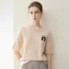 Nuevo y Elegante Jersey de Manga Corta para Mujer 100% Cachemir Puro Cuello Redondo Tejido Jacquard de Panda Lindo Suéter Cálido