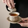 Conjunto de Chá Kung Fu Gaiwan Azul e Branco Vintage Vermelho Firestone Três Talentos Presente Corporativo de Alto Padrão Personalizável com Logo