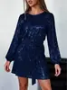 Vestido de Fiesta Nuevo de Primavera Versátil con Lentejuelas y Brillo, Cuello Diagonal y Estampado Dorado en Estilo Europeo y Americano para Mujer