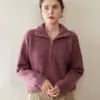 Top Camisa Base de Lana Versátil de Moda con Suéter Jersey de Punto de Hilo Floral Chaqueta Media Cremallera Suéter de Cachemir para Mujer