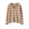 Moda Versátil de Malha Jacquard Grossa com Blocos de Cor Fair Isle Vintage Manga Longa 25 Outono/Inverno Suéter Base de Caxemira para Mulheres Gola V