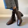 Versión de piel de oveja~botines de suela silenciosa, de tacón alto, elásticos, botas adelgazantes para ir al trabajo, de suela blanda, botas de tacón grueso estilo retro para otoño e invierno