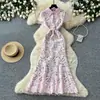 Elegante Vestido Morado de Encaje Francés para Mujer Manga Corta Solapa Cintura Ceñida Adelgazante Línea A Largo Vestido para el Trabajo Adelgazante Vestido Formal
