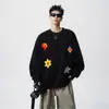 Moletom pesado com gola redonda e estampa floral estilo americano para homens, marca da moda, outono e inverno, corte solto, casual, high street, top preto estiloso