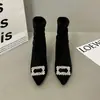 Botines de calcetín de tacón alto para mujer 22025 Estilo nuevo Elegante Estilo francés Diamantes de imitación Tacón de aguja Botines cortos Versátiles Punta fina Elásticos Ajustados