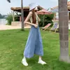 Saia Jeans Azul Claro para Mulheres, Tendência de Verão Versátil Nova Cintura Elástica Drapeada Cintura Alta Linha A Longa
