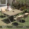 Mesas e Cadeiras de Exterior, Mesas de Madeira Anticorrosiva para Pátio, Conjuntos de Mesa e Cadeira de Plástico Madeira para Café e Lazer em Varanda, Mesas de Jantar para Jardim Exterior