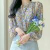 Camisa feminina de chiffon floral, super fada, primavera e verão, novo design, manga comprida, gola redonda, estampada, elegante, pequena, camiseta