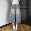 Shorts de mezclilla retro americanos con estampado de estrellas para mujer, lavado desgastado, pantalones casuales holgados de pierna ancha cropped