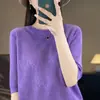 Lã cardada fina feminina gola redonda cor sólida jacquard meia manga solta casual para o trabalho primavera e verão malha meia manga