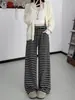 Pantalones Casuales Rayados Vintage para Mujer, Primavera y Otoño, de Tiro Alto, Pantalones Simples de Pierna Recta para Caminar, Caídos, Adelgazantes, que Realzan la Altura, Pantalones de Pierna Ancha Estilo Coreano