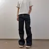 Suministro transfronterizo exclusivo de jeans acampanados de cinco botones con cierre de botón diagonal para hombre y mujer, corte slim, estilo holgado, pantalones de color oscuro retro americano