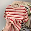 Camiseta de Manga Corta con Bloques de Color a Rayas, 95% Algodón, 5% Elastano, con Elegante Diseño Bordado, Corte Holgado y Moderno, Parte Superior Versátil de Retazos