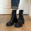 Botines de Tacón Alto con Cordones para Mujer Otoño Invierno 2026 Estilo Coreano Moda Versátil Nuevo Estilo Británico Tacón Grueso Botas Adelgazantes Botas Martin
