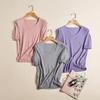 Suéter de Seda de Manga Curta com Decote V, Camiseta de Manga Meia-Manga Corte Reto em Mistura de Seda e Caxemira para Mulheres, Cor Sólida Macaron Estilo Fino