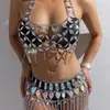 Nueva joya AYJ de cruce fronterizo europeo y americano: conjunto de sujetador hueco con piedras de imitación, bikini y falda de tirantes con flecos