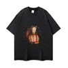 Camiseta Oversize Clásica Lavada Estilo Urbano Vintage con Estampado de Tinta de Cómic y Estampado Retro Americano Manga Larga