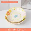 Set de tazón y plato de cerámica con esmalte bajo y relieve de flores y pájaros de dibujos animados creativos, juego de vajilla para el hogar, regalo para inauguración de casa