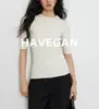 HAVEGAN/ Cuello medio alto, hombro normal, camiseta básica de punto para mujer, otoño, manga corta, corte ajustado, camiseta base elástica