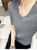 Suéter de punto fino 100% lana, 60 hilos, corte slim, cuello en U, para mujer, manga corta, versátil para otoño, suéter de lana como capa base, 26 nuevo